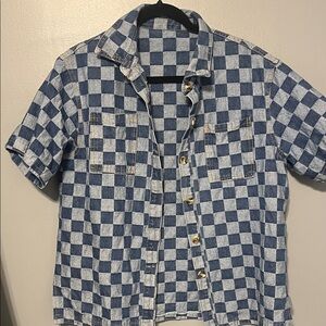 VTG Men's denim Blue Checkerboard Short-Sleeve Button-Up Shirt